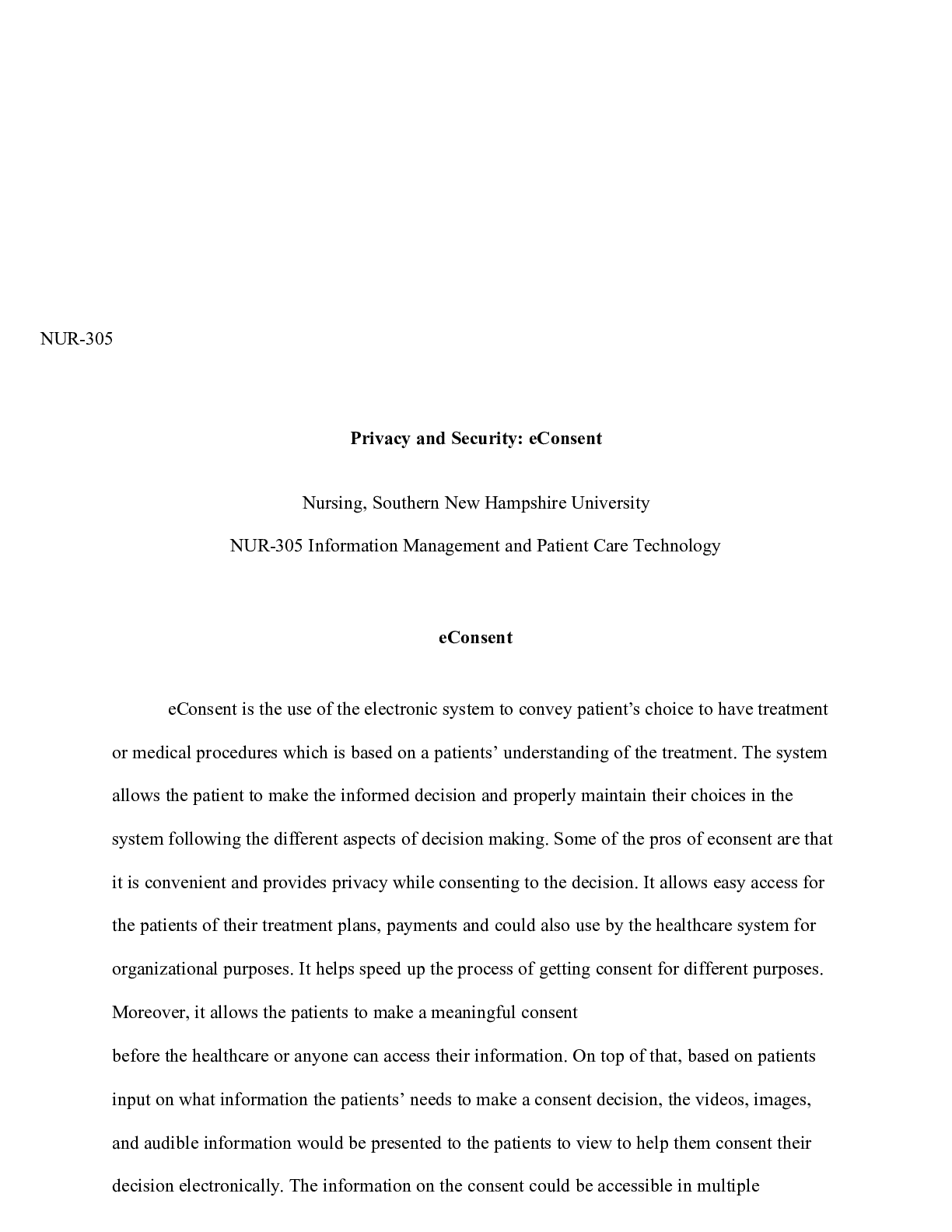 Preview image for ECONSENT  1 .docx    NUR-305  Privacy and Security: eConsent  Nursing, Southern New Hampsh